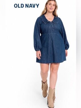 3X Old Navy Long-Sleeve Fit and Flare Collared Jean Mini Dress, 100% Cotton, NWT